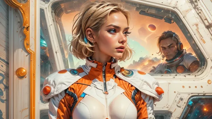 arafed image of a white woman in a futuristic suit with a spaceship in the background, movie art, in front of an orange backgrou...