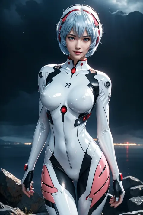 Evangelion,Rei Ayanami,Silver Blue Hair,Red eyes,Red Eyes,Plug Suit,Bodysuits,Interface Headset,白いBodysuits,Ultra HD,super high quality,masterpiece,Digital SLR,Photorealistic,Detailed details,Vivid details,Depicted in detail,A detailed face,Detailed detail...