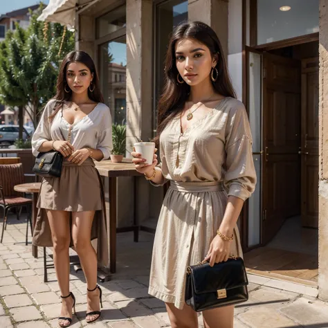 Generate me the most beautiful Turkish woman in the world dressed in young but stylish outfit with beautiful jewelry, beautiful makeup, a beautiful bag... all this in a landscape of a cafe in 8k I want as much detail as possible with the best quality at wo...