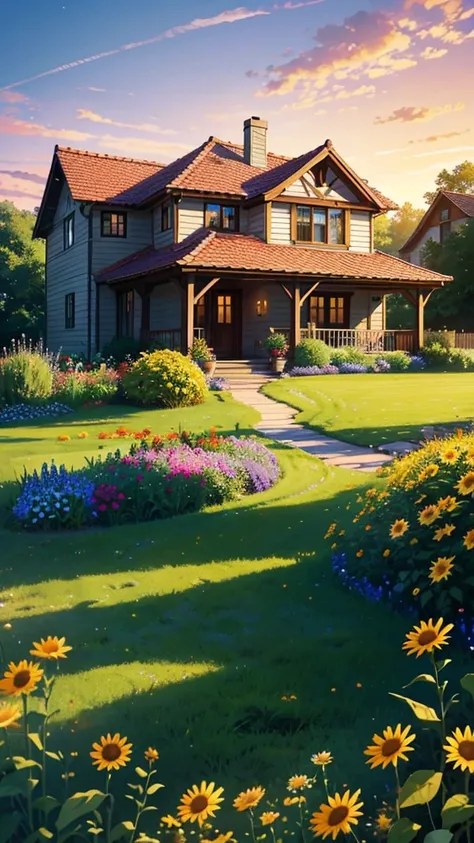 

Create a stunning, serene digital artwork of a cozy countryside home bathed in the golden light of the setting sun. The house, a charming two-story with a welcoming porch, is nestled among a vibrant, sprawling garden. The garden is a riot of colors, fill...