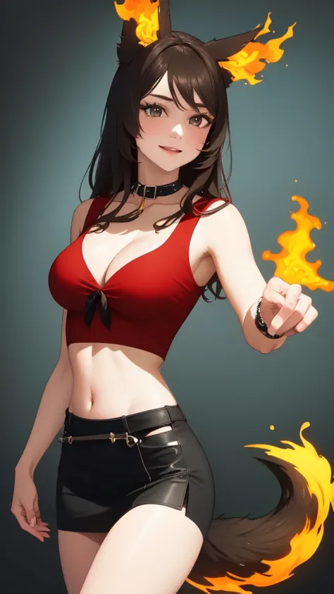 (masterpiece:1.3), (highly detailed:1.3), (highres:1.1), best quality, Ultra-detail, 1girl, solo, looking at viewer, fiery tail, wolf ears, Sinder vtuber, cleavage, standing, excited, red top, black mini skirt, pleated skirt. midriff, brunette, 