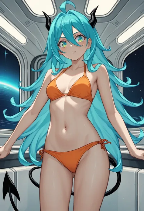 score_9, score_8_up, score_7_up,1 daemon woman, black  horns, black demon tail, (aquamarine hair),aquamarine green color hair,ahoge, long hair, (long hair),bangs, light orange bikini, bikini is orange, bikini orange, orange bikini!, (aquamarine eyes), back...