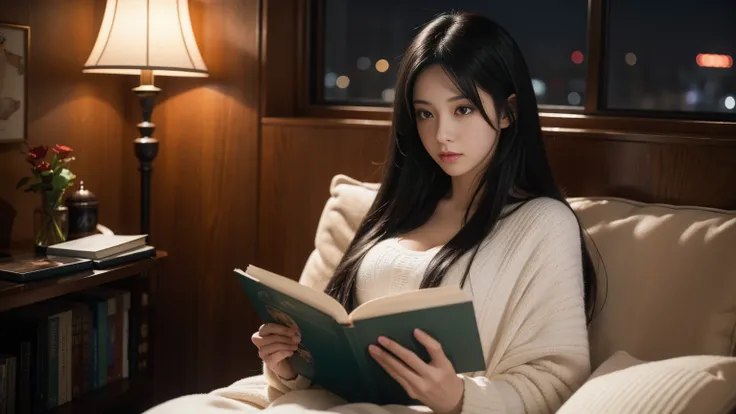 ((Beautiful)) ((masterpiece)) women, black hair, long hair, black eyes, Reading books, cozy room, night, 8k, ultra HD, LOFI background, ((anime style))