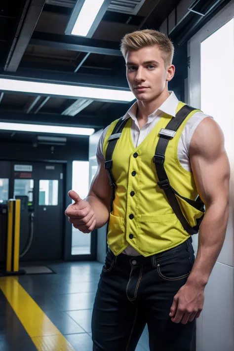 1boy, (Blue Eyes), happy smile,American boy,18 years old,young, thick body, slender, sport body build, child-like,White Teenage boy ,Blonde man Imagine a young 18 years old safety officer standing in an electric station. He is wearing a fluorescent yellow ...