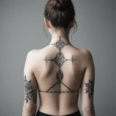 fille ampereart de dos avec un tatouage d’un schéma électrique et structure physique quantique, dos nu