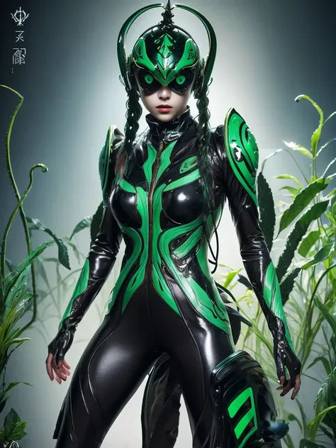 Beautiful girl fused with a Nepenthes. (High quality) （black and Green image color）. body suit. cyber style. Circuit pattern. Biological Armor. Biological helmet. eye mask.