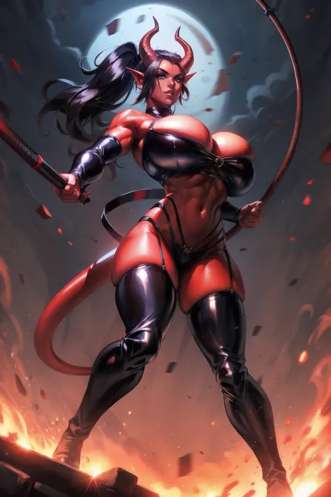 Red skin succubus tiefling, medium breasts, black horns, wings, huge tail, black leather, cleavage, crop top, thong, tall, toned, graceful, thin, long black ponytail. Action scene, whip. Dark scene, explosions, night sky.