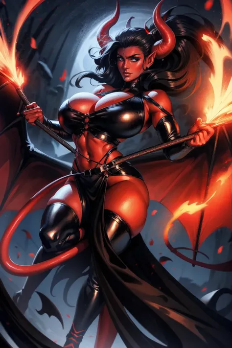 Red skin succubus tiefling, large breasts, black horns, wings, huge tail, black leather, crop top, long flowing pelvic curtain, tall, toned, graceful, thin, long black ponytail. Action scene, whip. Dark scene, explosions, night sky.