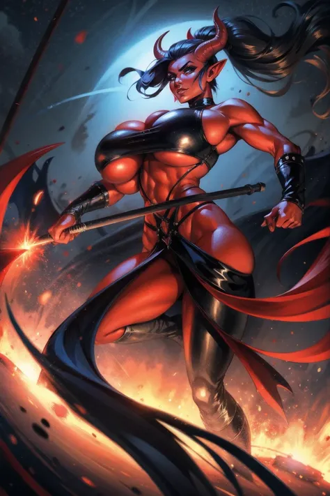 Red skin succubus tiefling, large breasts, black horns, wings, huge tail, black leather, crop top, long flowing pelvic curtain, tall, toned, graceful, thin, long black ponytail. Action scene, whip. Dark scene, explosions, night sky.