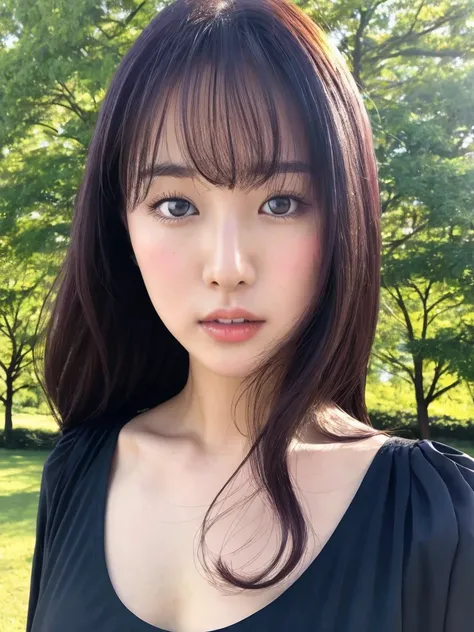 Close up portrait of woman walking in park in black dress、japanese model、Young sensual gravure idol、Young and cute gravure idol、リアルyoung gravure idol、Real Sensual Gravure Idol、young gravure idol、sophisticated gravure idol、Yoshitomo Nara、Young skinny gravur...