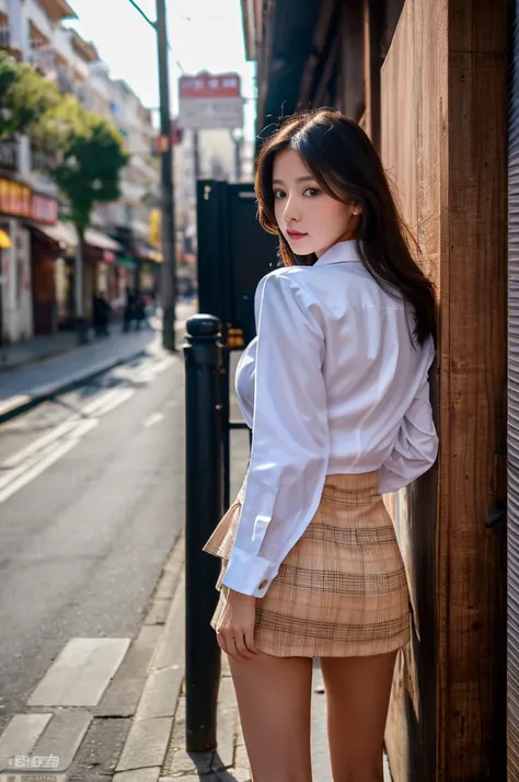 a 17 year old girl, she is the most beautiful actress in the world, the perfect body proportions of this girl, her large breasts within the formal shirt are clothed by the blazer, the short skirt is hiding 99% range of the panties except 1% between her bar...