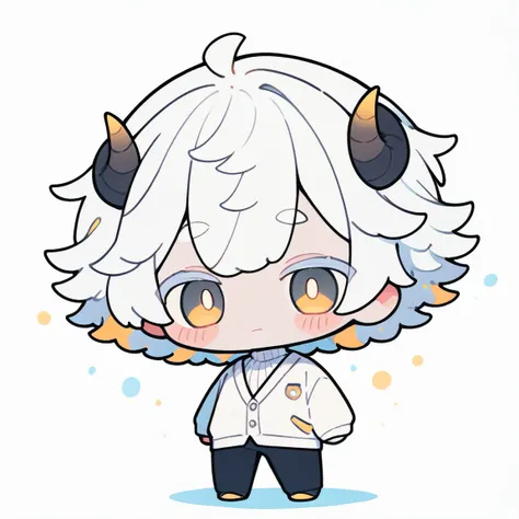 {{full body}} 1boy, solo, white hair, short hair, yellow eyes, sheep horns, white cardigan, white turtleneck, balck pants, white...