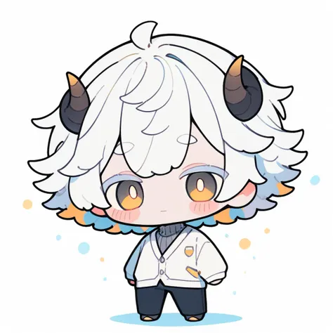 {{full body}} 1boy, solo, white hair, short hair, yellow eyes, sheep horns, white cardigan, white turtleneck, balck pants, white...