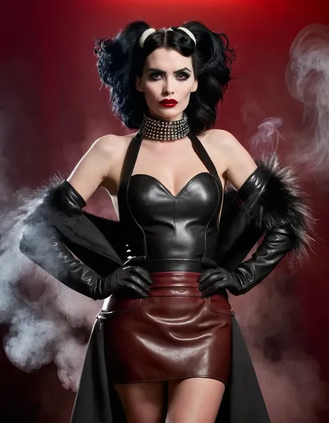 Cruella. A very magnificent hairstyle. A naked model in a long leather butchers apron. Hands in gloves on hips. There is a massive steel collar around her neck.  An elegant pose. Red, thick smoke in the background.