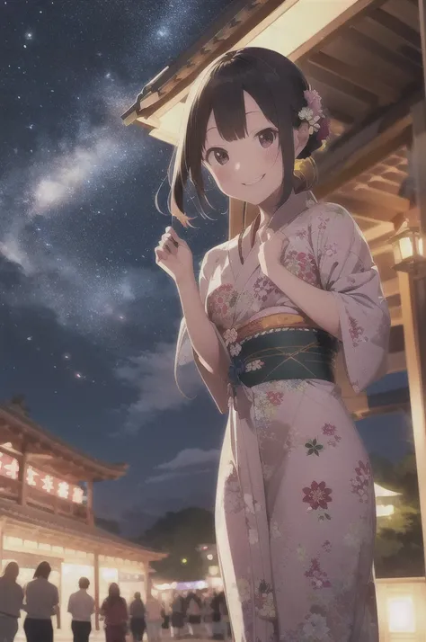 masterpiece, Highest quality, High resolution, Medium chest, yukata, kimono, Floral print, smile, Summer festival, night, Are standing, Outdoor,