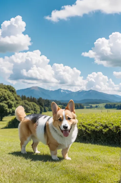 Corgi dog looking back on the grass in sunny weather with blue sky