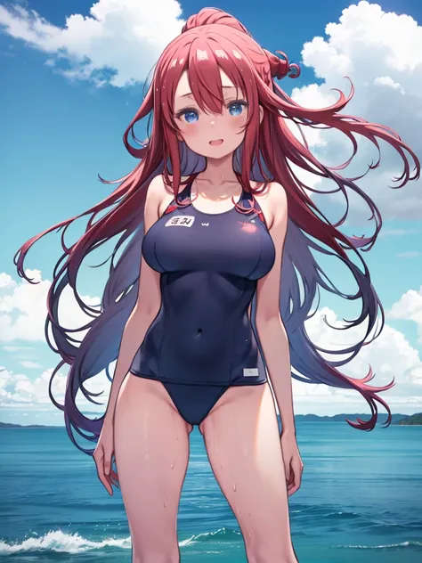 One Woman、Red color hair、long hair、Hair between the eyes、Braid、blue eyes、Big Breasts、Sweaty and wet、My whole body is wet、high school girl、(Japanese School Swimsuit、Navy blue one-piece swimsuit、Navy blue Japanese student swimsuit)、Sandy Beach、laughing、Watch...