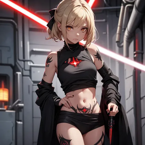 The girl is a Sith lord. She is wearing a black top and underpants. her skin is covered with black tattoos. She has red-yellow eyes. She holds a red lightsaber in each hand. She has short blond hair 