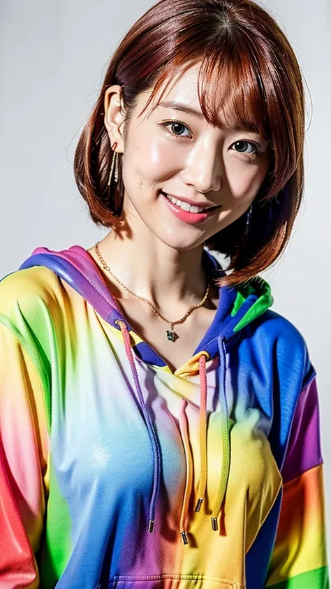 (Highest quality, 8K, 32k, masterpiece, Ultra-high resolution:1.2),Beautiful Japanese Women Photos, Rainbow clothes、Rainbow hoodie、Large Breasts, Very short bob hair,Red hair, necklace, Simple Background, From above, View your viewers,Red Hair、White backgr...