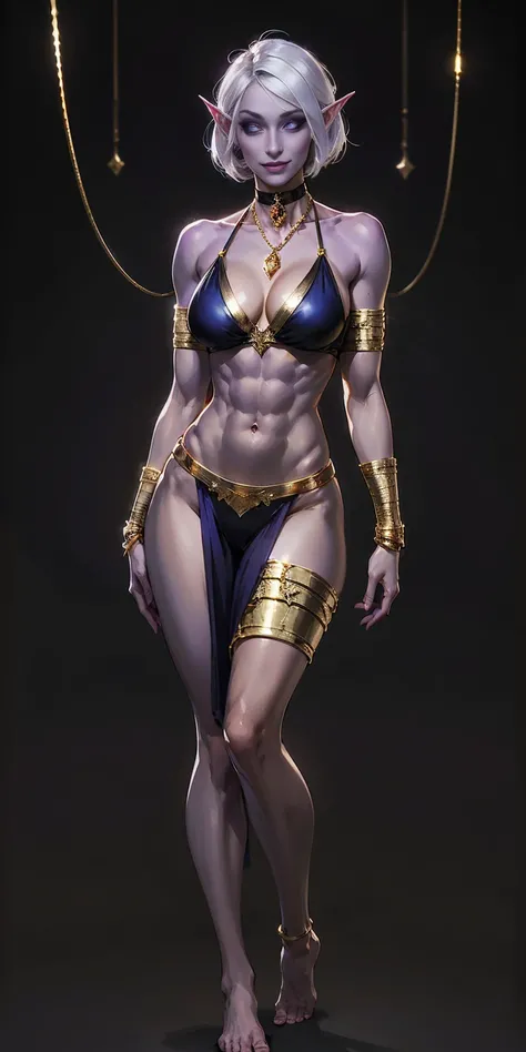 ((plain background:1.2, 1sologirl)) full body standing barefoot, purple skin, drow, elf, Madura, Detailed happy face, purple eyes, white hair bob style, gold bikini, well defined six pack abs, Large knockers, black leather choker with gold bell, gold chain...