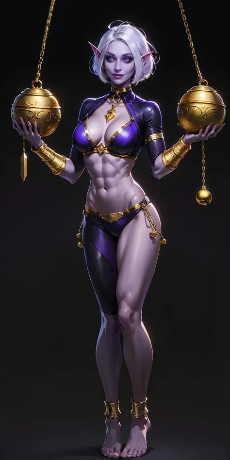 ((plain background:1.2, 1sologirl)) full body standing barefoot, purple skin, drow, elf, Madura, Detailed happy face, purple eyes, white hair bob style, gold bikini, well defined six pack abs, Large knockers, black leather choker with gold bell, gold chain...