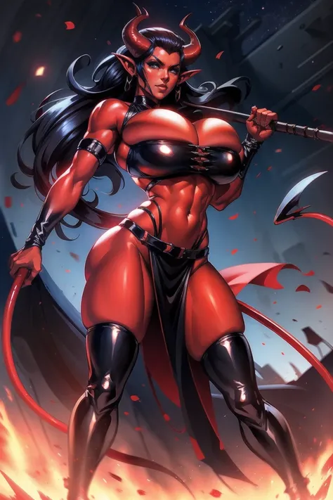 Red skin succubus tiefling, medium breasts, black horns, wings, huge tail, black leather, cleavage, crop top, long flowing pelvic curtain, tall, toned, graceful, thin, long black ponytail. Action scene, whip. Dark scene, explosions, night sky.