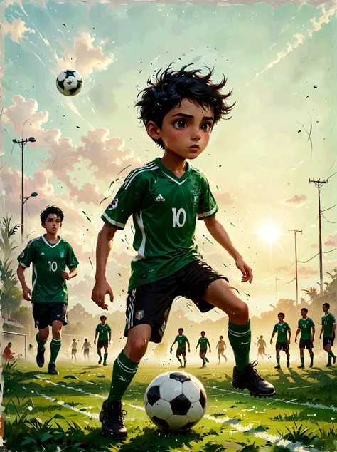 A young Hispanic boy with short black hair enthusiastically playing football. Hes wearing a green and white jersey, black shorts, and football boots. His eyes are solely focused on the approaching ball, as he is about to kick it with all his might. His exp...