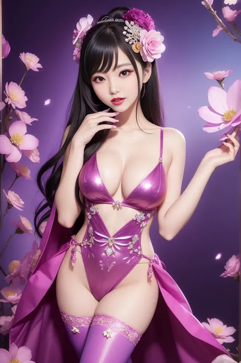 sexy Japanese model who controls poison、beautiful smile、lip-gloss、bold lipstick、long lasheetallic makeup、look at the camera、full body Esbian、、sparkling poisoned flower costume、、、、sparkling Colorful hair、secrete poison、skull hair accessories、sexy tights、shi...