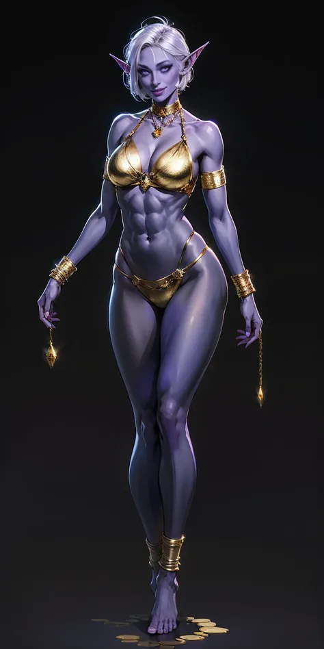 ((plain background:1.2, 1sologirl)) full body standing barefoot, purple blue skin, drow, elf, Madura, Detailed happy face, purple eyes, white hair bob style, gold bikini, well defined six pack abs, Large knockers, black leather choker with gold bell, gold ...