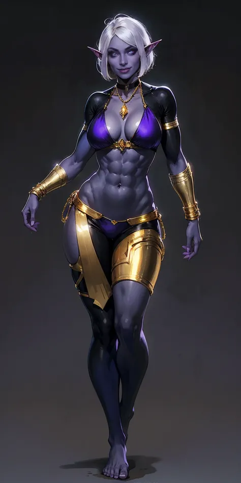 ((plain background:1.2, 1sologirl)) full body standing barefoot, purple blue skin, drow, elf, Madura, Detailed happy face, purple eyes, white hair bob style, gold bikini, well defined six pack abs, Large knockers, black leather choker with gold bell, gold ...