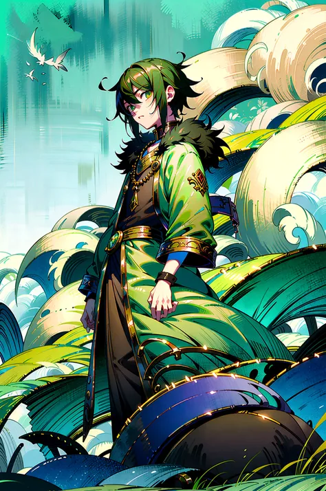 yuichiro hyakuya, expressive eyes, 1 boy, black hair, green eyes, brown coat, gray armor, green shield, green cloak, dark brown gloves, town, fur trim, anime, standing, good quality, portrait, looking at viewer