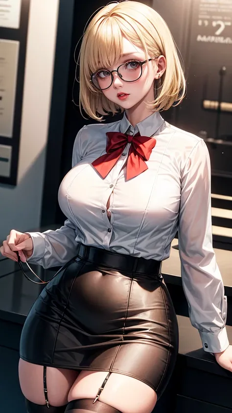 Blonde Shorthair　Glasses　white blouse　black tight skirt　stockings　lanyard id card　35 years old　red rouge　plump lips