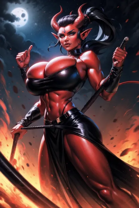 Red skin succubus tiefling, large breasts, black horns, wings, huge tail, black leather, crop top, long flowing pelvic curtain, tall, toned, graceful, thin, long black ponytail. Action scene, whip. Dark scene, explosions, night sky.