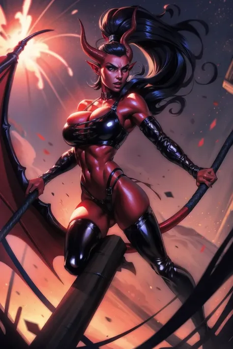 Red skin succubus tiefling, medium breasts, black horns, wings, huge tail, black leather, cleavage, crop top, thong, tall, toned, graceful, thin, long black ponytail. Action scene, whip. Dark scene, explosions, night sky.