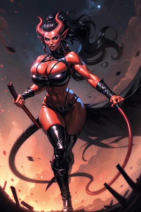 Red skin succubus tiefling, medium breasts, black horns, wings, huge tail, black leather, cleavage, crop top, thong, tall, toned, graceful, thin, long black ponytail. Action scene, whip. Dark scene, explosions, night sky.