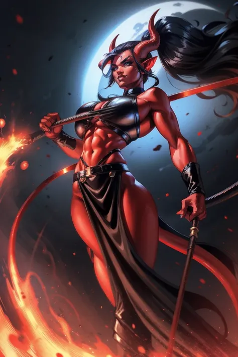 Red skin succubus tiefling, medium breasts, black horns, wings, huge tail, black leather, crop top, long flowing pelvic curtain, tall, toned, graceful, thin, long black ponytail. Action scene, whip. Dark scene, explosions, night sky.