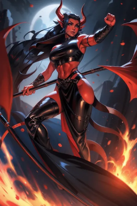 Red skin succubus tiefling, medium breasts, black horns, wings, huge tail, black leather, crop top, long flowing pelvic curtain, tall, toned, graceful, thin, long black ponytail. Action scene, whip. Dark scene, explosions, night sky.