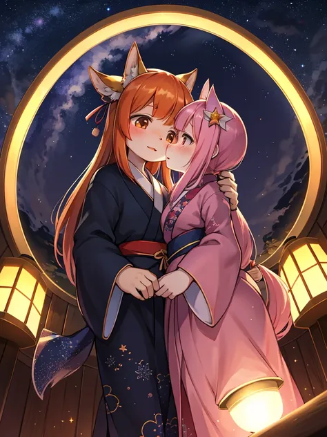 Japanese star festival , yukata girl , Stargazing, Fisheye Lens , looking Milky Way , starry skies , Imagine the romance between Orihime and Hikoboshi , lift up