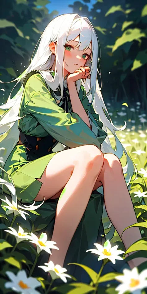 (masterpiece, Highest quality),One girl with long white hair sitting in a field of green plants and flowers, She placed her hand under her chin, Warm lighting, Short skirt, Sexy Dress, Blurred foreground