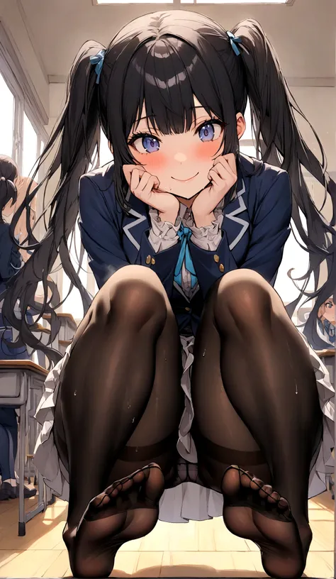 Yankee high school girl、One girl in a mini skirt, Squat with your legs wide apart、Looking down at the viewer, Twin tails, Highest quality, Focus on the thighs, Dynamic pose, smile, blazer, blouse, Black Pantyhose, panties under pantyhose, , classroom, Blac...