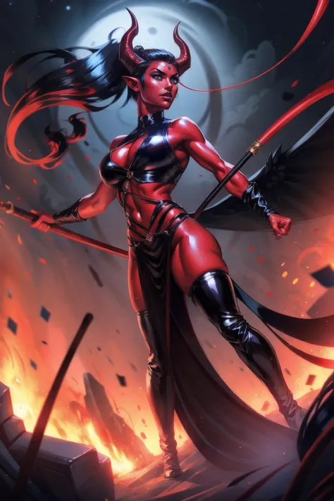 Red skin succubus tiefling, medium breasts, black horns, wings, huge tail, black leather, crop top, long flowing pelvic curtain, tall, toned, graceful, thin, long black ponytail. Action scene, whip. Dark scene, explosions, night sky.