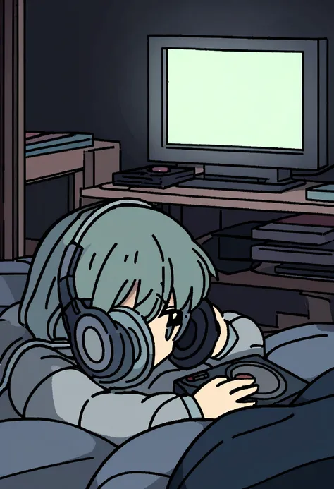 night、Girl listening to music in a cozy room, Using headphones, 2D-style animation, Lo-Fi, hard disk, Dark Environment, Makoto Shinkai style