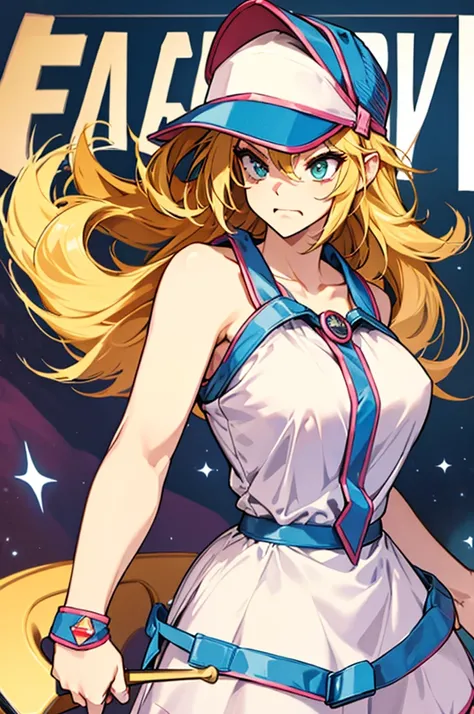 a trucker princess, wears a dress and a baseball cap, has an angry expression