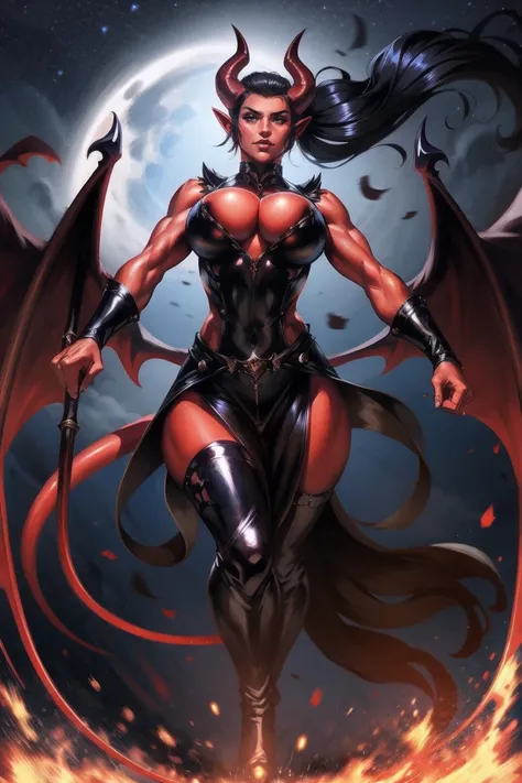 Red skin succubus tiefling, medium breasts, black horns, wings, huge tail, black leather, long flowing pelvic curtain, tall, toned, graceful, thin, long black ponytail. Action scene, whip. Dark scene, explosions, night sky.