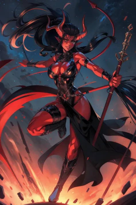 Red skin succubus tiefling, medium breasts, black horns, wings, huge tail, black leather, long flowing pelvic curtain, tall, toned, graceful, thin, long black ponytail. Action scene, whip. Dark scene, explosions, night sky.