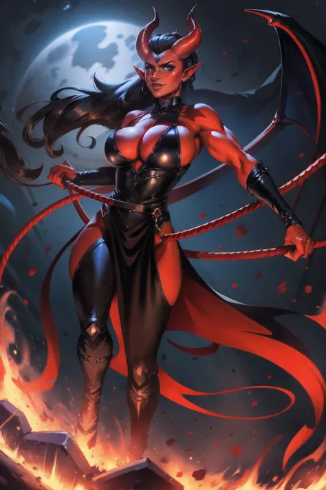 Red skin succubus tiefling, medium breasts, black horns, wings, huge tail, black leather, long flowing pelvic curtain, tall, toned, graceful, thin, long black ponytail. Action scene, whip. Dark scene, explosions, night sky.