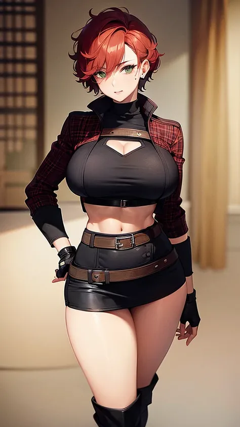 woman, curly red pixie cut hair, green eyes, wearing crop top black shirt, red plaid skirt, (black knee high boots), black fingerless gloves, jacket, exposed shoulders, thick thighs, (full body), large breasts, freckles, cleavage, abs, looking at viewer, m...