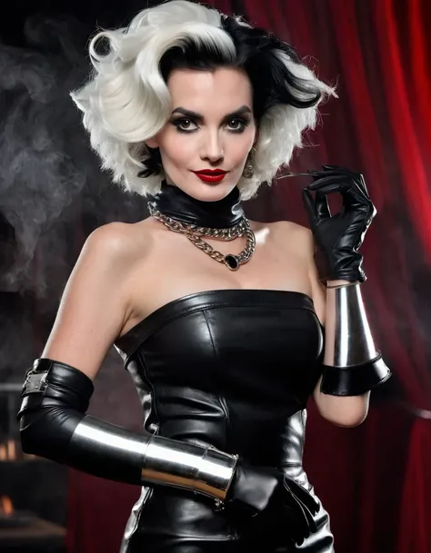 Cruella. A very magnificent hairstyle. A naked model in a long leather butchers apron. Hands in gloves on hips. There is a massive Shiny steel collar around her neck.  Shiny steel bracelets on top of black gloves. and Shiny steel bracelet necklaces are on ...