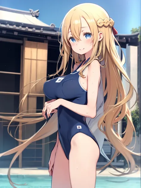 One Woman、Blonde Hair、long hair、Hair between the eyes、Braid、blue eyes、Big Breasts、Sweaty and wet、My whole body is wet、high school girl、(Japanese School Swimsuit、Navy blue one-piece swimsuit、Navy blue Japanese student swimsuit)、Sandy Beach、laughing、Watching...