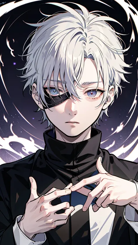 A highly detailed and stylized anime character of Satoru Gojo from Jujutsu Kaisen, with his signature white hair, blindfold, and confident expression. Emphasize his eyes, making them large and expressive with a deformed, exaggerated style, capturing the in...